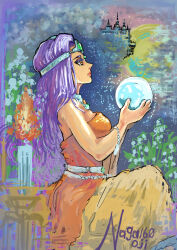  artist_name asymmetrical_dress brown_eyes candle castle circlet colored_eyelashes crystal_ball dark-skinned_female dark_skin dragon_quest dragon_quest_iv dress expressionless fire flower forehead_jewel from_side full_body full_moon gem green_gemstone hands_up highres holding_orb lipstick long_dress long_hair long_sleeves makeup minea_(dq4) moon naga160oji orange_dress orb profile purple_hair red_lips silver_circlet single_bare_shoulder single_sleeve sitting 
