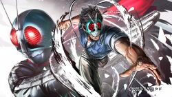 2boys black_bodysuit black_pants blue_shirt bodysuit clenched_hand green_helmet green_mask helmet highres kamen_rider kamen_rider_(1st_series) kamen_rider_1 kamen_rider_ichigo male_focus masukudo_(hamamoto_hikaru) multiple_boys official_art pants shirt tanzaburou_toujima toujima_tanzaburou_wa_kamen_rider_ni_naritai