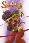  1girl arabian_clothes arm_up armpits blue_eyes bracer breasts cleavage dark_skin earrings harem_pants headband highres ian_samson jewelry lips lipstick long_hair makeup midriff o-ring_top pointy_ears ponytail purple_hair shantae shantae_(character) smile solo 