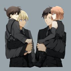  1girl 3boys akai_shuuichi amuro_tooru black_gloves black_jacket black_necktie black_shoes black_suit black_vest blonde_hair blue_eyes brown_hair carrying carrying_person edogawa_conan elbow_gloves eye_contact gloves green_eyes grey_shirt haibara_ai hair_between_eyes highres jacket looking_at_another meitantei_conan multiple_boys necktie niina_1oo9 profile shirt shoes short_hair simple_background smile suit v-shaped_eyebrows vest 