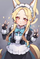  1girl alternate_costume animal_ears apron black_gloves blonde_hair blue_archive blue_bow blue_bowtie bow bowtie commentary cosplay double_v english_commentary fingerless_gloves fox_ears gloves halo highres long_sleeves looking_at_viewer maid maid_apron maid_headdress miya_(miyaruta) seia_(blue_archive) solo toki_(blue_archive) toki_(blue_archive)_(cosplay) v white_apron yellow_halo 