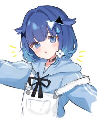 1girl :o black_choker blue_eyes blue_hair blue_hoodie blush choker commentary_request cropped_torso drawstring hair_flaps highres hood hood_down hoodie looking_at_viewer medium_hair notice_lines oniku_(ida1k1) overalls simple_background solo tied_drawstring tsumugi_kokage virtual_youtuber vspo! white_background white_overalls 