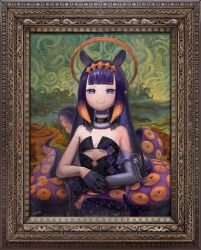  1girl :&gt; absurdres asymmetrical_gloves bare_shoulders blue_eyes border choker cosplay dress gloves halo hands_on_lap highres hololive laaaw444 looking_at_viewer mona_lisa multicolored_hair ninomae_ina&#039;nis ninomae_ina&#039;nis_(1st_costume) orange_hair ornate_border parody pointy_ears portrait purple_hair ribbon smile tentacles virtual_youtuber 