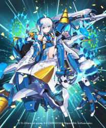  1girl ahoge blue_eyes boots closed_mouth copyright_notice headphones helical_fort_(z/x) highres light_particles mecha_musume nanaroku_(fortress76) non-humanoid_robot official_art riding_dragon robot robot_dragon sitting smile sparkle thigh_boots vambraces white_hair yui_(z/x) z/x 
