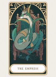  animal_focus card crown flower full_body highres no_humans pokemon pokemon_(creature) pokemon_focus red_eyes rendoll serperior sitting_on_throne snake solo tarot tarot_card the_empress_(tarot) throne 