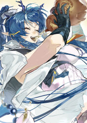  1girl absurdres alcohol arknights blue_hair breasts gohanduck gourd highres horns ling_(arknights) long_hair pointy_ears ponytail smile solo 