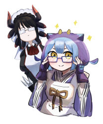  2girls apron black_hair blue_hair blue_kimono blush braid closed_mouth dragon_girl dragon_horns duel_monster fingerless_gloves glasses gloves hatano_kiyoshi highres horns house_dragonmaid japanese_clothes kimono laundry_dragonmaid long_sleeves looking_at_viewer maid maid_apron maid_headdress mixed_maids multiple_girls puffy_long_sleeves puffy_sleeves purple_hair short_hair short_twintails simple_background smile twintails wa_maid white_apron white_background yellow_eyes yu-gi-oh! 
