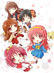  5girls ;d ahoge black_hair black_shirt black_skirt blue_sailor_collar blue_serafuku blue_shirt blue_skirt blush bow braid brown_bow brown_cardigan brown_eyes brown_hair cardigan cardigan_vest character_request chibi closed_mouth commentary_request crossover doukyuusei_(series) doukyuusei_2 fujisaki_shiori hair_bow highres juliet_sleeves kamigishi_akari long_hair long_sleeves multiple_crossover multiple_girls nanase_miori narusawa_yui one_eye_closed open_cardigan open_clothes plaid_clothes plaid_skirt pleated_skirt puffy_sleeves red_bow red_eyes red_hair red_sailor_collar red_skirt sailor_collar school_uniform serafuku shirt skirt smile to_heart to_heart_(series) tokimeki_memorial tokimeki_memorial_1 twin_braids twintails very_long_hair white_background white_shirt yellow_bow yellow_skirt 