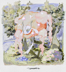  1girl absurdres arched_back artist_name big_hair blue_eyes border colored_skin commentary_request day faux_traditional_media flat_chest florges florges_(red_flower) full_body grass green_skin happy highres leaning_forward long_hair looking_down monster_girl multicolored_skin natsumekan open_mouth outdoors partial_commentary plant_girl pokemon pokemon_(creature) red_hair signature smile solo standing tree two-tone_skin white_border white_skin 