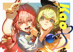  2girls :t black_hat blue_background blue_shirt bow bowtie closed_mouth collared_shirt commentary_request cover cover_page finger_in_another&#039;s_mouth fox_mask frilled_shirt_collar frills gradient_background green_eyes green_hair hands_on_another&#039;s_cheeks hands_on_another&#039;s_face hat hat_bow hata_no_kokoro heart heart-shaped_pupils heart_of_string highres komeiji_koishi long_hair long_sleeves mask mask_on_head mouth_pull multiple_girls open_mouth orange_background pink_eyes pink_hair plaid_clothes plaid_shirt shirt short_hair symbol-shaped_pupils teeth third_eye touhou u_u_zan upper_body very_long_hair white_bow white_bowtie wide_sleeves yellow_bow yellow_shirt 