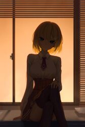  1girl absurdres black_thighhighs blonde_hair blue_eyes blurry blurry_background bob_cut breasts brown_skirt closed_mouth collared_shirt commentary hair_ornament hand_on_own_knee high-waist_skirt highres hololive hololive_english indoors large_breasts looking_at_viewer magnifying_glass miniskirt necktie plaid_clothes plaid_skirt pleated_skirt red_necktie shirt shirt_tucked_in short_hair short_necktie sitting skirt smile solo straight-on thigh-highs virtual_youtuber watson_amelia watson_amelia_(1st_costume) white_shirt yubbiidraw 