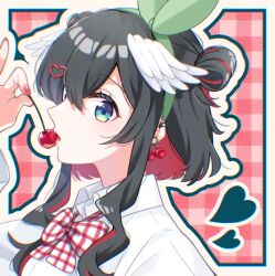  1girl arm_up black_hair blue_eyes border bow brown_border cherry cherry_earrings cherry_pop_(vocaloid) collared_shirt commentary_request dress_shirt earrings feathered_wings food food-themed_earrings fruit green_ribbon hair_between_eyes hair_ornament head_wings heart heart_hair_ornament highres holding holding_food indie_virtual_youtuber jewelry kurata_rine kurata_rine_(vtuber) multicolored_hair nail_polish outline pink_background plaid_background plaid_bow red_hair red_nails ribbon shirt solo streaked_hair two-tone_hair upper_body virtual_youtuber white_outline white_shirt white_wings wings 