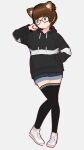  arm_behind_back arm_up brown_hair buns covered_navel cute embarrassed eyes glasses heel_up high_tops hoodie legs_together looking_to_the_side multicolored_eyes nervous raccoon_ears shoes skirt socks thigh-highs 
