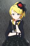  1girl arm_up ayase_eli black_dress black_gloves blonde_hair blouse blue_eyes bow dress fingerless_gloves flower gloves hair_flower hair_ornament hair_ribbon hand_on_hat jewelry kidachi layered_dress long_hair love_live!_school_idol_project necklace ponytail ribbon smile solo sparkle 