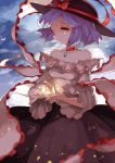 1girl adapted_costume bare_shoulders blurry choker depth_of_field fire hat highres maiwetea nagae_iku purple_hair red_eyes shawl skirt solo sun touhou