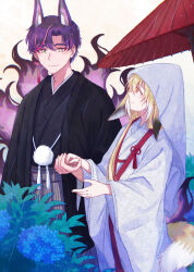  1boy 1girl alternate_costume animal_ear_fluff animal_ears arknights asin-nya black_kimono blonde_hair blue_flower closed_mouth commentary_request cowboy_shot earrings ears_down fingernails flower green_eyes hair_between_eyes hair_intakes highres holding_hands husband_and_wife japanese_clothes jewelry kimono long_hair long_sleeves looking_at_another multicolored_hair multiple_tails oil-paper_umbrella orange_eyes pink_hair plant pom_pom_(clothes) profile purple_hair purple_tail shiromuku short_hair single_earring smile standing streaked_hair suzuran's_father_(arknights) tail tassel uchikake umbrella vulpisfoglia_(arknights) white_background white_hair white_kimono white_tail wide_sleeves yellow_tail 