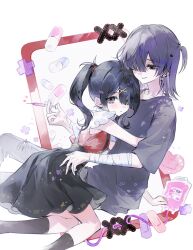  1boy 1girl ame-chan_(needy_girl_overdose) artist_request bandaged_arm bandages bandaid black_eyes black_hair black_shirt black_skirt black_socks blood blood_bag commission cross cross_earrings earrings hair_ornament hair_over_one_eye hetero highres holding holding_syringe jewelry medicine needy_girl_overdose one_eye_covered original pants red_shirt second-party_source shirt short_twintails skirt smile socks suspender_skirt suspenders syringe torn_clothes torn_pants twintails white_background x_hair_ornament 