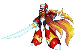  1boy absurdres android armor blonde_hair blue_eyes chest_jewel energy_sword forehead_jewel full_body hayebsi helmet highres holding holding_sword holding_weapon long_hair male_focus mega_man_(series) mega_man_x_(series) red_armor red_helmet simple_background solo sword weapon white_background z_saber zero_(mega_man) 
