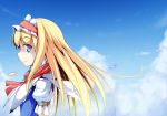  1girl alice_margatroid anni_minto blonde_hair blue_eyes capelet from_side hairband highres long_hair sky solo touhou 