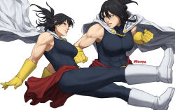 1girl artist_name biceps black_eyes black_hair bodysuit boku_no_hero_academia boots breasts breikka cape clenched_hands closed_mouth commentary english_commentary floating_cape full_body gloves large_breasts mature_female medium_hair multiple_views muscular muscular_female shimura_nana simple_background sleeveless sleeveless_bodysuit solo white_background white_boots white_cape yellow_gloves 