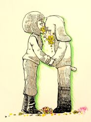  1boy 1other 2017 2d ambiguous_gender animal_ears ankle_boots anthro asriel_dreemurr avimedes barefoot black_pants boots brown_boots brown_hair brown_shorts buttercup_(flower) chara_(undertale) child crying droopy_ears duo fangs floppy_ears flower flower_in_mouth from_side full_body furry furry_male goat goat_boy goat_ears goat_tail green_shirt green_sweater holding_hands horizontal-striped_clothes human male mammal monochrome monster monster_boy mouth pants shirt short_hair shorts simple_background single_horizontal_stripe standing striped_clothes striped_shirt striped_sweater sweater symbolism tail tail_tuft tears traditional_media two-tone_shirt two-tone_sweater undertale utdr_(toby_fox) white_background yellow_flower yellow_stripes 