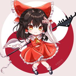  1girl absurdres artist_name black_hair blush dress gohei hair_ribbon hakurei_reimu highres liefeng_dm original red_dress ribbon smile touhou yellow_eyes 