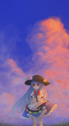  1girl absurdres apron black_hat blue_hair blue_skirt blue_sky bow bowtie clouds cloudy_sky commentary_request cumulonimbus_cloud feet_out_of_frame frilled_shirt frills hat highres hinanawi_tenshi knees long_hair orange_clouds peach_hat_ornament petticoat puffy_short_sleeves puffy_sleeves red_bow red_bowtie red_eyes shirt short_sleeves skirt sky smile solo sunset thighs toorooo touhou white_apron white_shirt 