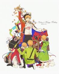  4boys age_progression animal animal_ears arm_up arrow_(projectile) ascot axis_powers_hetalia barefoot belt black_belt black_boots black_butterfly black_gloves black_hat black_pants blonde_hair blood blood_on_face blue_jacket boots bow bow_(weapon) bug butterfly character_name chest_bow child closed_mouth coin collared_jacket collared_shirt dated disappearoften doll earrings english_text epaulettes frills from_behind full_body gloves gold_coin green_eyes green_jacket green_pants green_robe half-closed_eye hand_on_another&#039;s_shoulder hand_on_own_face hand_up happy_birthday hat hat_feather hat_ornament helm helmet highres holding holding_bow_(weapon) holding_hands holding_weapon hood hooded_robe injury jacket jewelry lamp lapels looking_at_another looking_at_viewer looking_down male_focus military_jacket military_uniform multiple_boys multiple_persona mushroom on_one_knee one_eye_covered open_clothes open_jacket open_mouth pants pirate_hat rabbit rabbit_ears rabbit_tail red_bow red_jacket robe shirt short_hair simple_background single_earring sitting smile standing string_of_flags tail tassel tassel_earrings teeth two-sided_fabric two-sided_jacket union_jack united_kingdom_(hetalia) weapon white_ascot white_background white_gloves white_pants white_shirt 