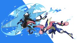 2others blacknirrow bright_pupils commentary greninja highres long_tongue mega_greninja mega_pokemon pink_eyes pokemon pokemon_(creature) pokemon_(game) pokemon_focus pokemon_legends:_z-a pokemon_xy simple_background tongue two-tone_background very_long_tongue water white_pupils