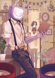  2boys ant_tenna belt belt_buckle black_belt black_hair black_pants book buckle clothed_robot clothes_hanger collared_shirt colored_inner_hair commentary_request couch crt cup deltarune desk english_commentary hanging_plant highres holding holding_book holding_cup humanoid_robot indoors long_nose male_focus mettaton mettaton_ex mirror multicolored_hair multiple_boys object_head orrinmorgentau pants picture_frame plant pointy_nose potted_plant radio_antenna reflection robot shirt short_hair smile standing suspenders twitter_username two-tone_hair undertale utdr_(toby_fox) white_shirt 