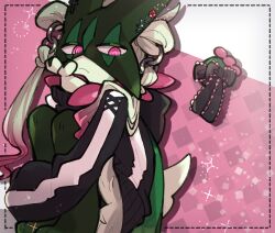  animal_hands black_bow black_hoodie bow closed_mouth full_body furry gradient_hair green_fur green_hair half-closed_eyes hood hoodie looking_at_viewer meowscarada multicolored_hair other_focus pink_background pink_eyes pink_hair pokemon pokemon_(creature) short_hair short_tail simple_background sitting solo sstoh tail twintails two-tone_fur 