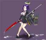  1girl black_gloves gloves kantai_collection kneehighs long_sleeves looking_at_viewer mechanical_halo personification purple_background purple_hair short_hair simple_background solo tatsuta_(kantai_collection) violet_eyes 