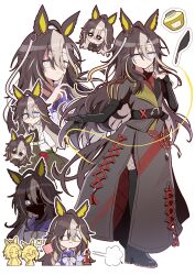  ahoge animal_ears belt black_belt black_boots black_hair blue_eyes boots bug butterfly chibi dream_journey_(reminder_of_dreamland)_(umamusume) dream_journey_(umamusume) ear_covers eyewear_strap flower flyswatter glasses gloves grey_skirt hair_between_eyes highres holding holding_flower horse_ears horse_girl horse_tail inkwell insecticide jacket lace lace_sleeves long_hair long_sleeves looking_at_viewer multicolored_hair orfevre_(umamusume) quill red_shirt rere0_0tu shaded_face shirt simple_background single_ear_cover single_glove skirt solo_focus stay_gold_(umamusume) tail thigh_boots umamusume white_background white_belt white_hair white_jacket 