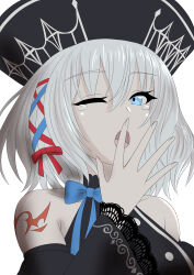  1girl absurdres armpit_crease assault_lily bare_shoulders black_hat black_shirt blue_eyes blue_ribbon collarbone commentary_request detached_sleeves grey_hair hair_between_eyes hair_ribbon halloween_costume halter_shirt halterneck hand_to_own_mouth hand_up hat highres long_sleeves looking_at_viewer medium_hair official_alternate_costume one_eye_closed open_mouth red_ribbon ribbon shirt shoulder_tattoo simple_background sleeveless sleeveless_shirt solo tattoo tearing_up torii_miho tress_ribbon white_background yadoo yawning 