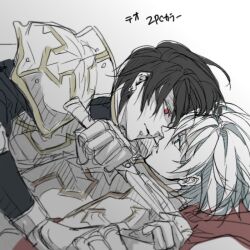  2boys armor black_hair black_shirt blue_eyes cape commentary_request dagger holding holding_dagger holding_knife holding_weapon itsuki_(lqs) knife looking_at_another lord_knight_(ragnarok_online) male_focus multiple_boys pauldrons pinned ragnarok_online red_cape red_eyes shirt short_hair shoulder_armor upper_body weapon white_hair 
