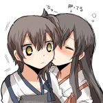  2girls akagi_(kantai_collection) blush brown_hair closed_eyes japanese_clothes kaga_(kantai_collection) kantai_collection kiss long_hair lowres multiple_girls personification rebecca_(keinelove) short_hair side_ponytail white_background yellow_eyes yuri 