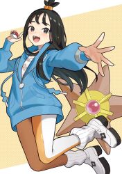  1girl black_hair blue_hoodie blush choker cube_hair_ornament furukawa_raku grey_eyes hair_ornament holding holding_poke_ball hood hood_down hoodie leggings lida_(pokemon) long_hair long_sleeves open_mouth orange_leggings poke_ball poke_ball_(basic) pokemon pokemon_(creature) pokemon_legends:_z-a ribbed_socks shirt shoes smile socks staryu teeth topknot two-tone_legwear upper_teeth_only white_choker white_leggings white_socks wispy_bangs 