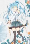  1girl blue_eyes blue_hair boots choker detached_sleeves hatsune_miku long_hair microphone microphone_stand open_mouth skirt solo thighhighs twintails umbrella vocaloid 