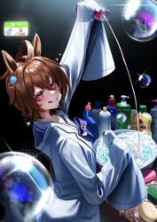  1girl absurdres agnes_tachyon_(tach-nology)_(umamusume) agnes_tachyon_(umamusume) ahoge animal_ears bottle bow brown_hair closed_mouth gameplay_mechanics hair_between_eyes highres holding holding_bottle horse_ears horse_girl lab_coat licking_lips looking_at_viewer manjo_(warito) purple_bow purple_sailor_collar red_eyes sailor_collar school_uniform short_hair sleeves_past_fingers sleeves_past_wrists smile soap solo tongue tongue_out tracen_school_uniform umamusume 