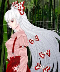  1girl arm_garter bamboo bamboo_forest colored_eyelashes dress_shirt floating_hair forest fujiwara_no_mokou hair_ribbon heta00 long_hair nature red_eyes ribbon shirt side silver_hair solo suspenders touhou tress_ribbon white_hair 