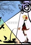  1girl alternate_costume bird blonde_hair boots cocozasa fish hair_ribbon highres juliet_sleeves knee_boots long_sleeves puffy_sleeves rabbit red_eyes ribbon rumia shirt silhouette skirt skirt_set solo touhou vest water watering_can 
