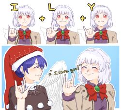  2girls :3 \m/ absurdres angel_wings black_capelet blue_background blush bow bowtie braid bread_master capelet doremy_sweet dress english_text feathered_wings grey_hair grey_wings half_up_braid hat highres jacket kishin_sagume looking_at_another multiple_girls multiple_views nightcap nightgown pom_pom_(clothes) purple_dress red_bow red_bowtie red_hat single_wing smile tail tapir_tail touhou white_background white_wings wings yuri 