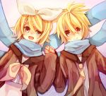  :d blue_eyes blush bow gradient gradient_background hair_bow hair_ornament hairclip holding_hands jacket kagamine_len kagamine_rin looking_at_another namihaya necktie open_mouth scarf school_uniform short_hair siblings smile twins vocaloid 
