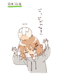  1girl brown_hair closed_eyes cropped_torso crying drawstring fang grey_hoodie hair_ornament hairclip hands_up hashtag-only_commentary head_bump highres hood hood_down hoodie long_sleeves namori oomuro_sakurako open_mouth parallel_hairclips short_hair simple_background solo streaming_tears tears translated white_background yuruyuri 