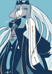  1girl artist_name black_dress blue_eyes braid cider_taro crown dress fate/grand_order fate_(series) hair_between_eyes half_up_braid long_hair looking_at_viewer morgan_le_fay_(fate) morgan_le_fay_(queen_of_winter)_(fate) ponytail solo veil white_hair 
