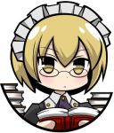  1girl blonde_hair blush book bust chibi lowres maid maid_headdress original short_hair simple_background solo syno white_background yellow_eyes 