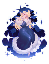  1girl blonde_hair blue_dress blue_eyes closed_eyes crown dress earrings fur_trim hair_over_one_eye highres jewelry long_hair long_sleeves mong_(mong_milo) night_sky own_hands_together rosalina solo star_(symbol) star_earrings stars super_mario_bros. super_mario_galaxy 