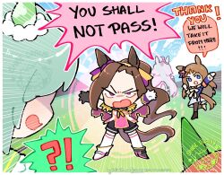  !? 5girls ahoge animal_ears armband asymmetrical_footwear asymmetrical_gloves black_gloves black_sailor_collar blue_eyes blue_jacket blue_skirt blue_sky blush bow breasts brown_hair chibi clouds dress ear_bow ear_covers ear_ornament ear_ribbon english_text epaulettes gloves gold_hairband grass grass_wonder_(stone-piercing_blue)_(umamusume) grass_wonder_(umamusume) grey_hair hair_between_eyes hair_ornament hairband highres horse_ears horse_girl horse_racing_track horse_tail jacket long_hair long_sleeves meme mismatched_footwear mismatched_gloves multicolored_hair multiple_girls neckerchief oguri_cap_(starlight_beat)_(umamusume) oguri_cap_(umamusume) open_mouth orange_hair outdoors pantyhose pink_shirt ponytail red_armband running sailor_collar sakura_bakushin_o_(blossom_in_learning)_(umamusume) sakura_bakushin_o_(umamusume) seiun_sky_(reeling_in_the_big_one)_(umamusume) seiun_sky_(umamusume) shibedraws shirt shoes short_hair shorts silence_suzuka_(innocent_silence)_(umamusume) silence_suzuka_(umamusume) single_ear_cover skirt sky sleeveless speech_bubble tail the_lord_of_the_rings thigh-highs tolkien's_legendarium umamusume violet_eyes white_bow white_dress white_gloves white_hair white_jacket white_sailor_collar white_shirt white_thighhighs yellow_neckerchief you_shall_not_pass 