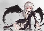  1girl black_legwear black_wings dress feathers frills hairband kneehighs lolita_fashion long_hair looking_at_viewer nikkunemu red_eyes reflection rozen_maiden silver_hair solo suigintou wings 