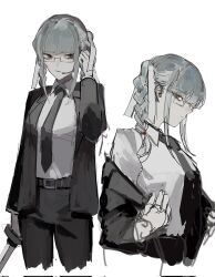  1girl alternate_costume braid commentary_request cropped_legs cropped_torso danganronpa_(series) danganronpa_2:_goodbye_despair eyelashes formal_clothes frown glasses gloves grey_hair gure_(sgr_1226) hair_ribbon highres holding holding_sword holding_weapon jacket long_hair long_sleeves looking_at_viewer mouthpiece muted_color necktie off_shoulder open_clothes open_jacket pekoyama_peko red_eyes ribbon shirt simple_background sword twin_braids twintails undressing weapon white_background white_gloves white_ribbon 